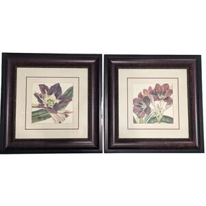 Pair of Framed Botanical Prints Amaryllis Lily Purple 19"x19" VTG Dark Academia